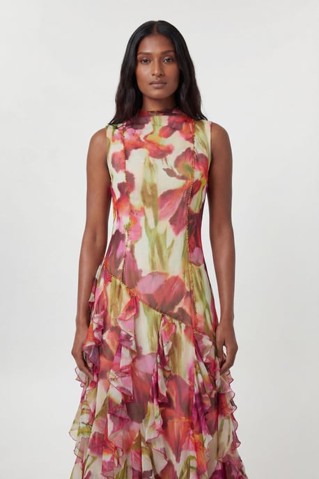 Crinkle Floral Print Beaded High Neck Maxi Dress - Image 2
