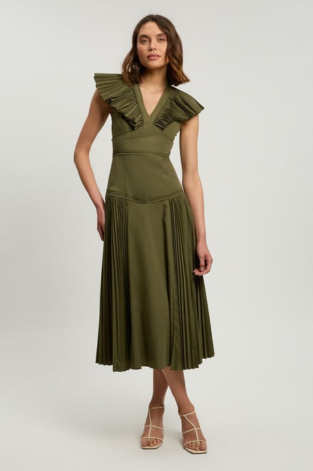 Cotton Poplin Pleat Detail Woven Midi Dress - Image 1
