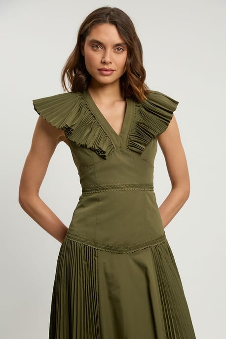Cotton Poplin Pleat Detail Woven Midi Dress - Image 2