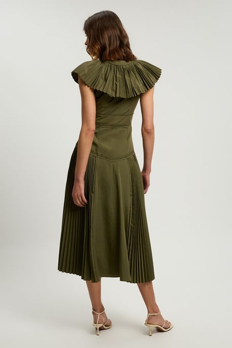 Cotton Poplin Pleat Detail Woven Midi Dress - Image 3