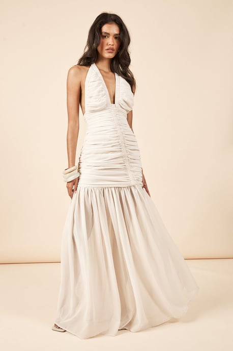 Chiffon Extreme Ruched Plunge Front Maxi Dress - Image 1