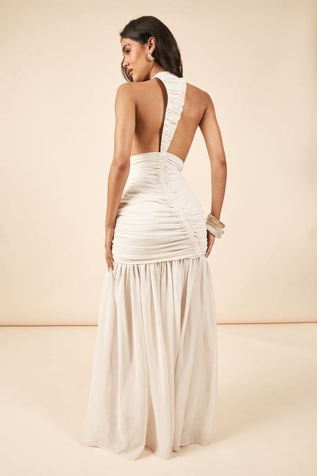 Chiffon Extreme Ruched Plunge Front Maxi Dress - Image 2