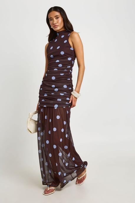 Tonal Polka Dot Ruched Bodice Maxi Dress - Image 1