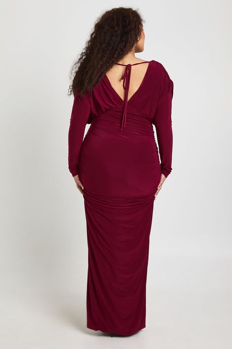 Plus Slinky Plunge Ruched Detail Maxi Dress - Image 2