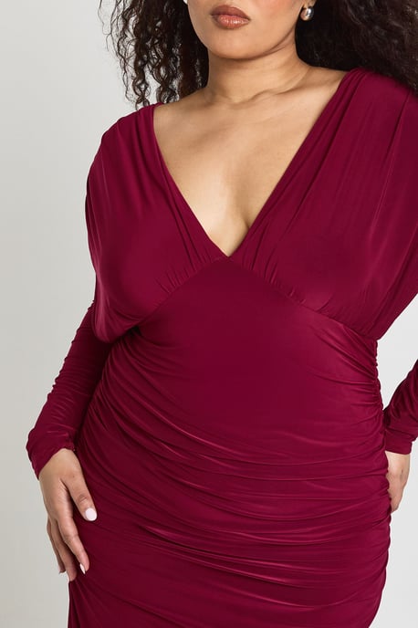 Plus Slinky Plunge Ruched Detail Maxi Dress - Image 3