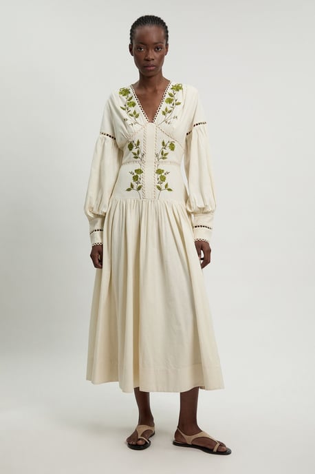 Rose Embroidered Cotton Twill Woven Long Sleeve Maxi Dress - Image 1