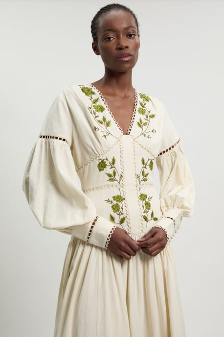 Rose Embroidered Cotton Twill Woven Long Sleeve Maxi Dress - Image 2