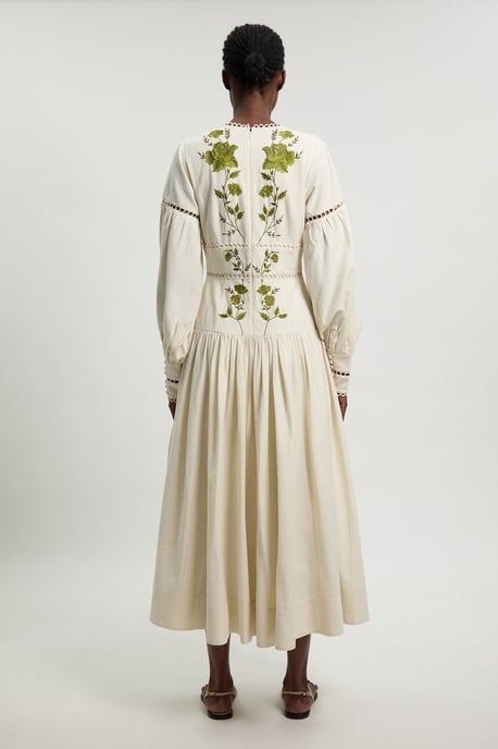 Rose Embroidered Cotton Twill Woven Long Sleeve Maxi Dress - Image 3