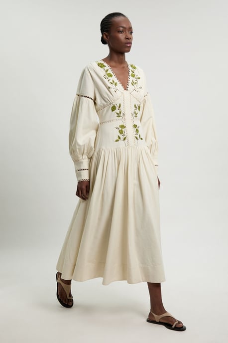 Rose Embroidered Cotton Twill Woven Long Sleeve Maxi Dress - Image 4