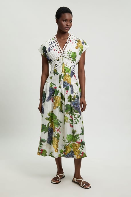 Fruit Print Tape Detail Short Sleeve Woven Maxi Dress - Image 1
