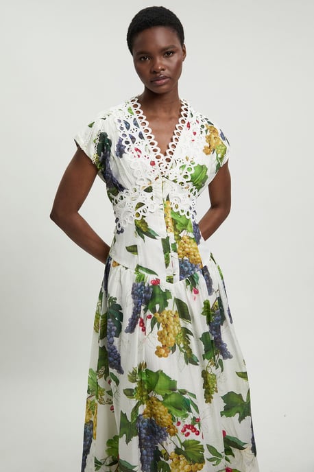 Fruit Print Tape Detail Short Sleeve Woven Maxi Dress - Image 2