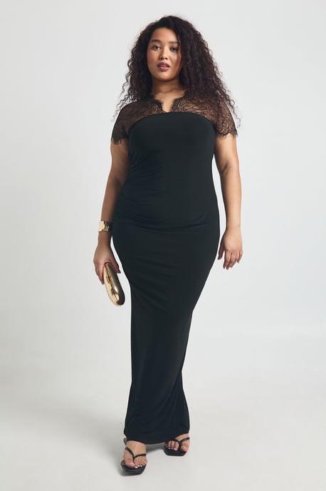 Plus Lace Insert V neck Maxi Dress - Image 1