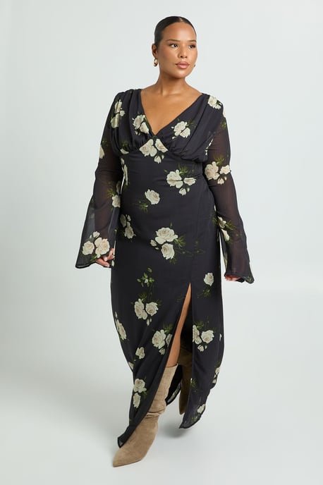 Plus Floral Chiffon Plunge Maxi Dress - Image 1