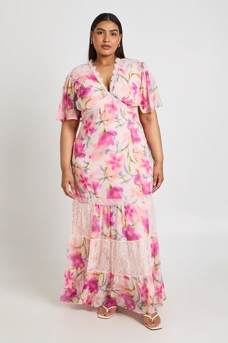 Plus Floral Chiffon Lace Trim Maxi Dress - Image 1