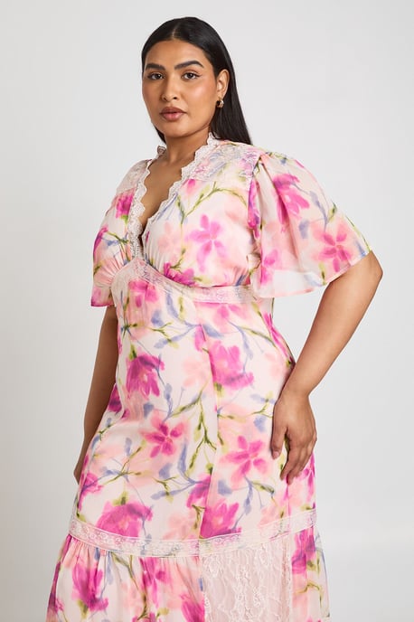 Plus Floral Chiffon Lace Trim Maxi Dress - Image 3