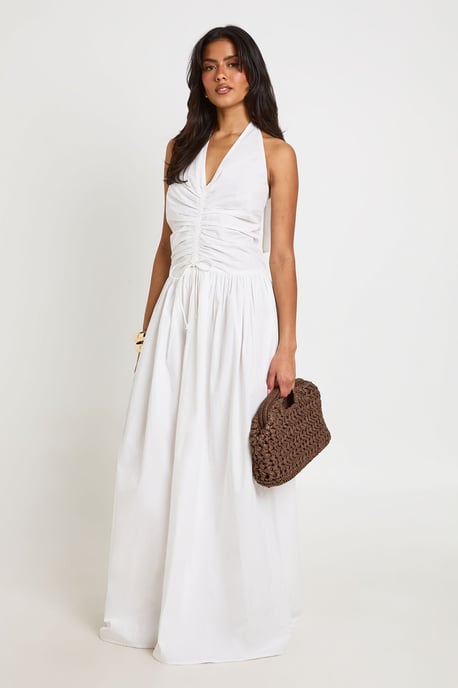 Cotton Poplin Halter Neck Front Gathered Seam Skater Maxi Dress - Image 1