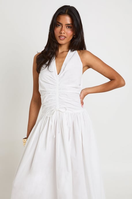Cotton Poplin Halter Neck Front Gathered Seam Skater Maxi Dress - Image 3