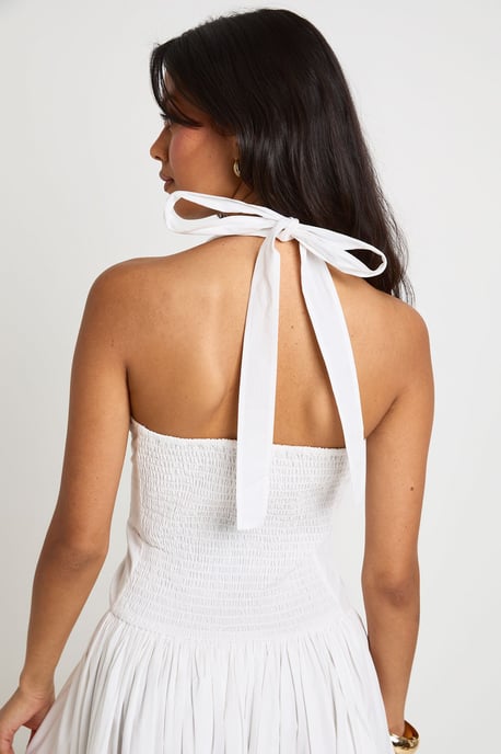 Cotton Poplin Halter Neck Front Gathered Seam Skater Maxi Dress - Image 4