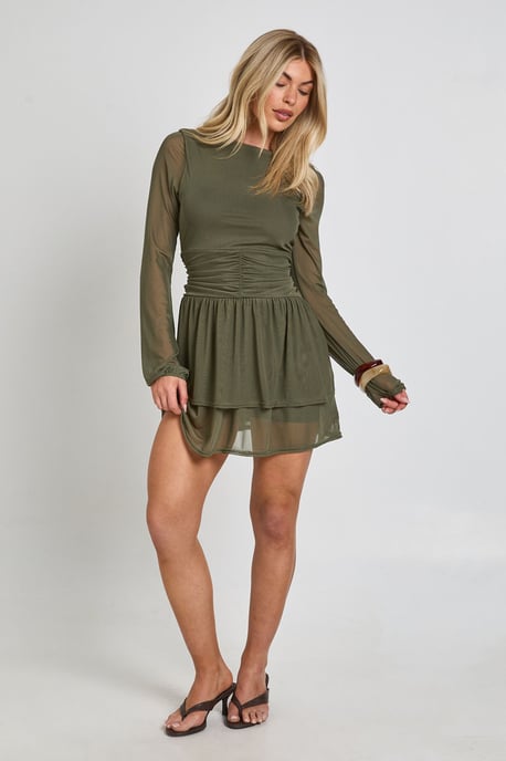Mesh Long Sleeve Ruched Waist Skater Dress - Image 3