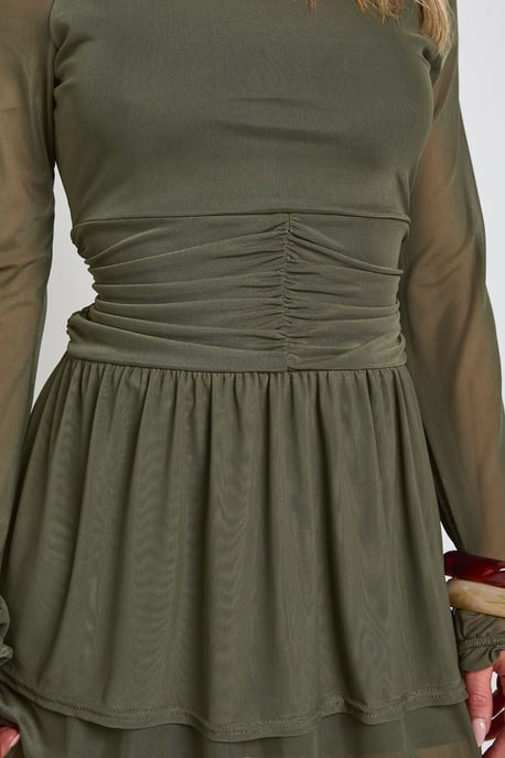 Mesh Long Sleeve Ruched Waist Skater Dress - Image 4