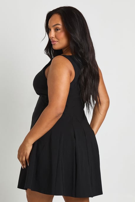 Plus Bengaline Racer Neck Pleated Skater Dress - Image 2
