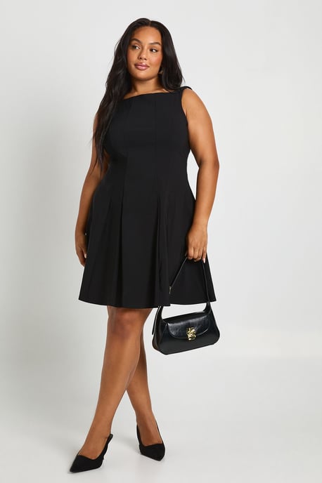 Plus Bengaline Racer Neck Pleated Skater Dress - Image 3