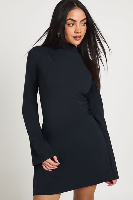 Long Sleeve Ruched High Neck Shift Dress - Image 4