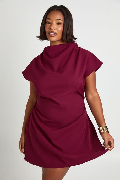 Plus Asymmetric Ruched Cap Sleeve Shift Dress - Image 1