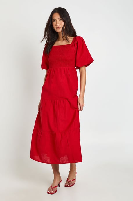 Linen Look Volume Sleeve Tiered Midaxi Dress - Image 3
