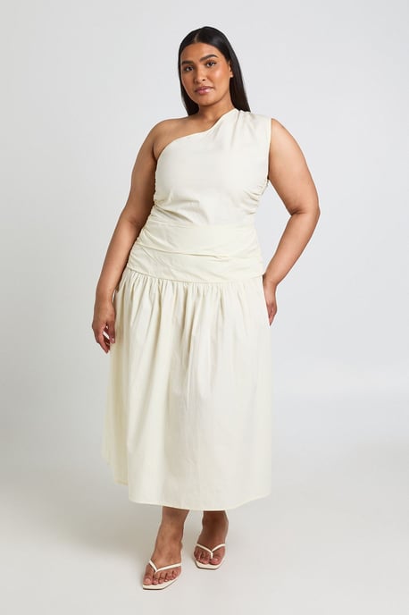 Plus Cotton Poplin One Shoulder Ruched Midaxi Dress - Image 1