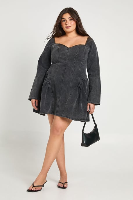 Plus Denim Seam Detail Skater Dress - Image 1