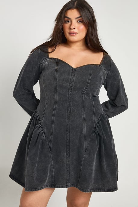 Plus Denim Seam Detail Skater Dress - Image 3
