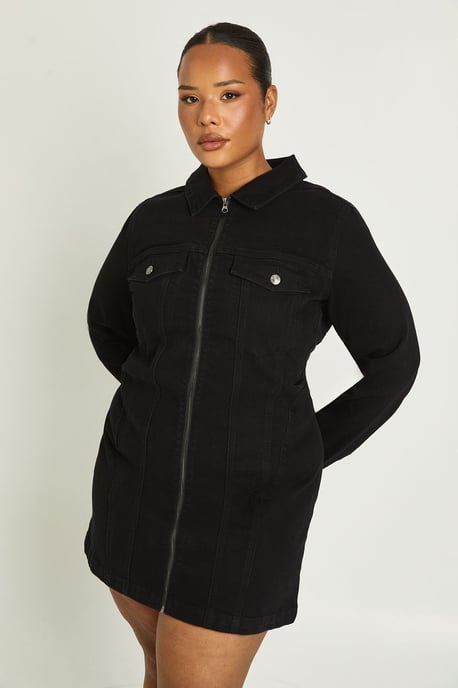 Plus Denim Zip Up Shift Dress - Image 1