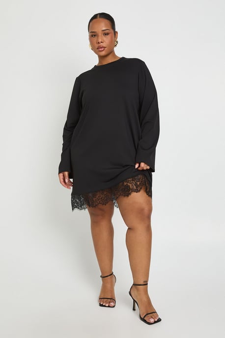 Plus Long Sleeve Lace Hem T-shirt Dress - Image 1