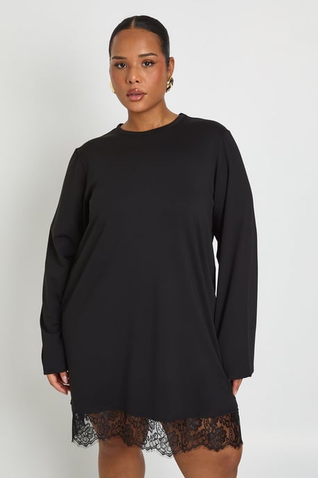 Plus Long Sleeve Lace Hem T-shirt Dress - Image 3