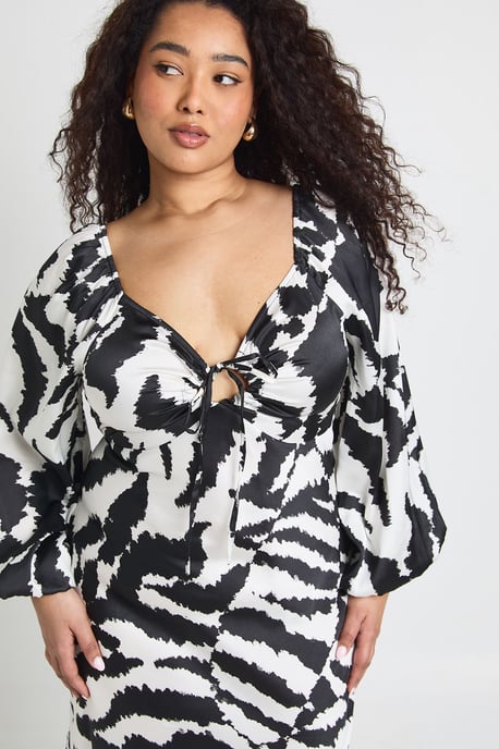 Plus Mixed Animal Volume Sleeve Satin Midaxi Dress - Image 4