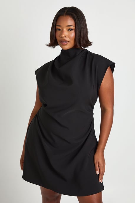 Plus Asymmetric Ruched Cap Sleeve Shift Dress - Image 1