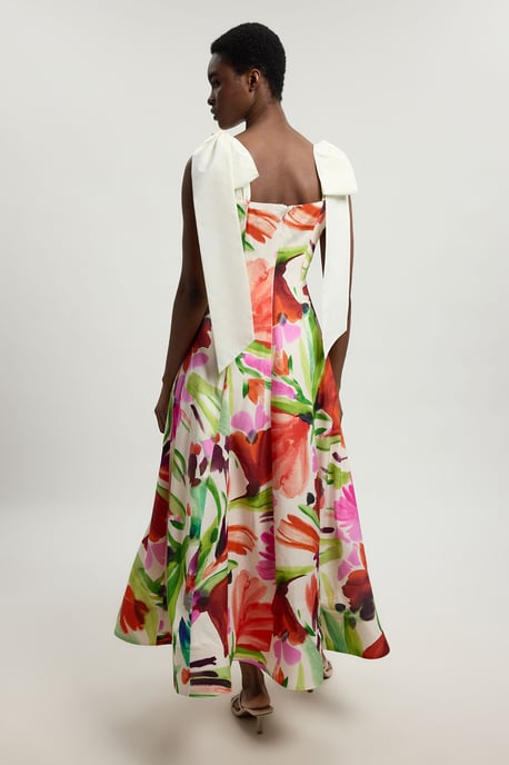 Petite Viscose Linen Floral Print Woven Prom Dress - Image 3