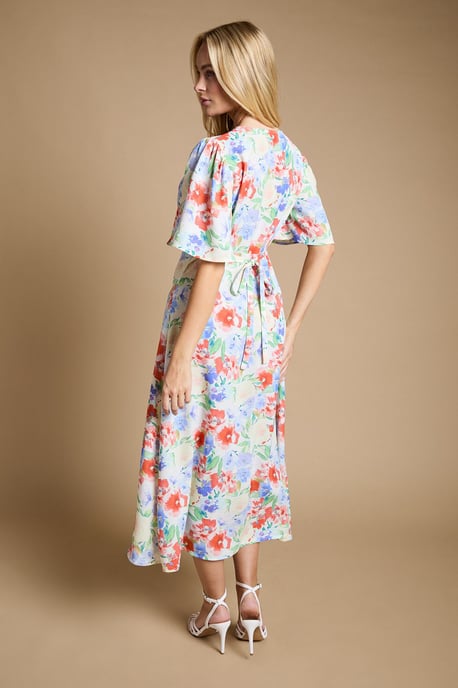 Floral Button Front Angel Sleeve Tie Back Midi Dress - Image 3