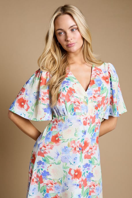 Floral Button Front Angel Sleeve Tie Back Midi Dress - Image 4