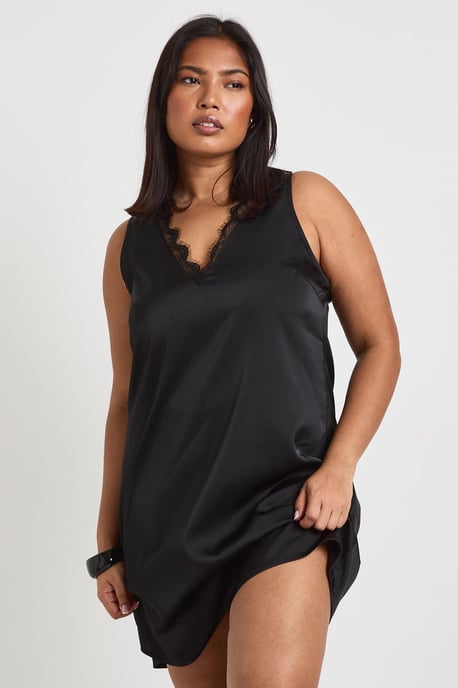 Plus Satin Plunge Front Lace Trim shift Dress - Image 1