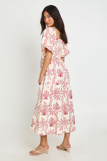 Shell Print Linen Look Volume Sleeve Tiered Midaxi Dress - Image 2