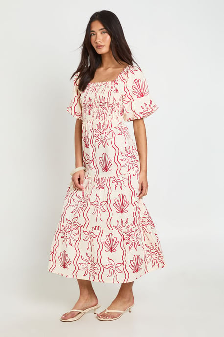 Shell Print Linen Look Volume Sleeve Tiered Midaxi Dress - Image 3
