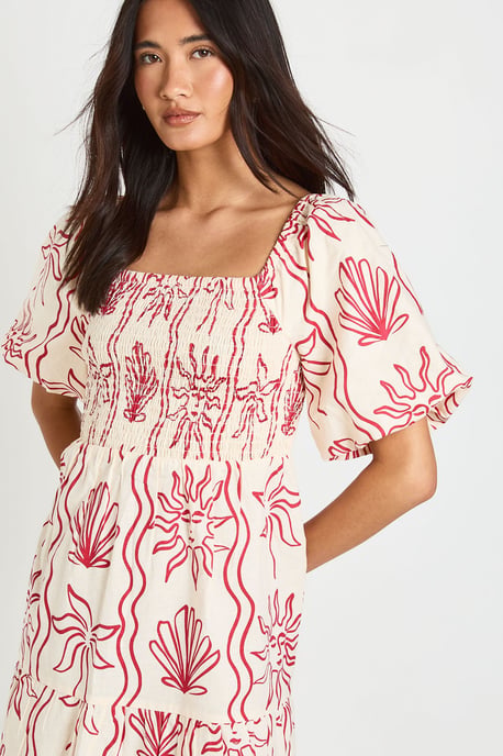 Shell Print Linen Look Volume Sleeve Tiered Midaxi Dress - Image 4