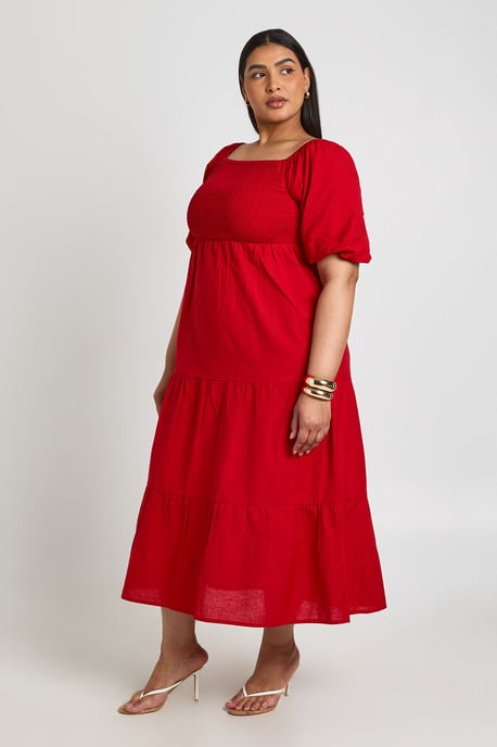 Plus Linen Look Volume Sleeve Tiered Midaxi Dress - Image 3