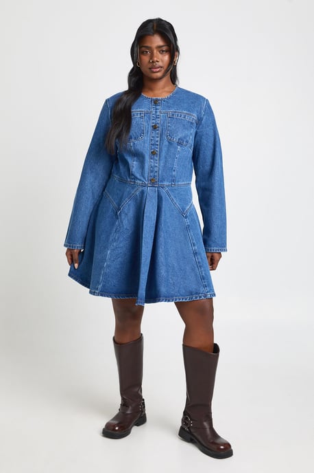 Plus Denim Button Skater Dress - Image 1