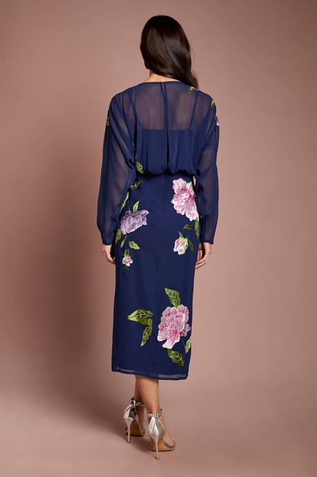 Embroidered Floral Blouson Bodice Pencil Midi Dress - Image 3