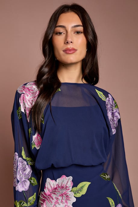 Embroidered Floral Blouson Bodice Pencil Midi Dress - Image 4