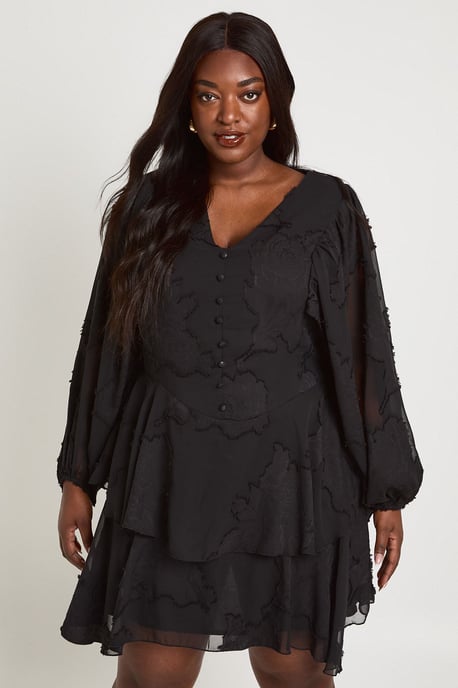 Plus Floral Burnout Volume Sleeve Ruffle Hem Skater Dress - Image 1