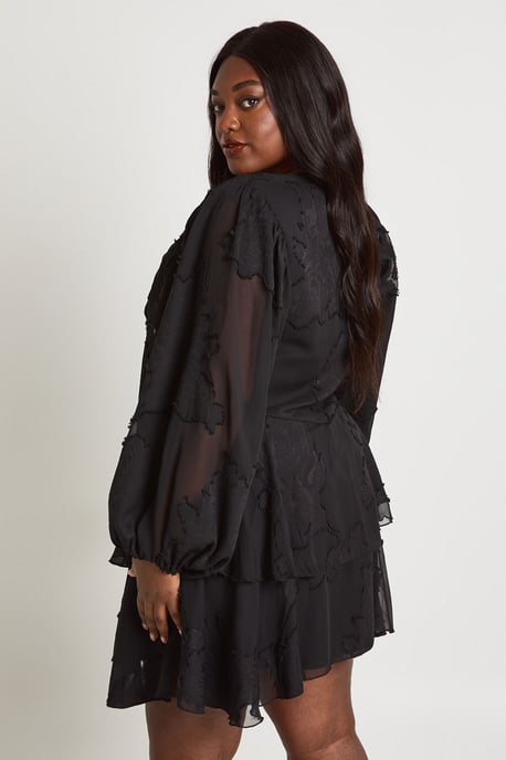 Plus Floral Burnout Volume Sleeve Ruffle Hem Skater Dress - Image 2